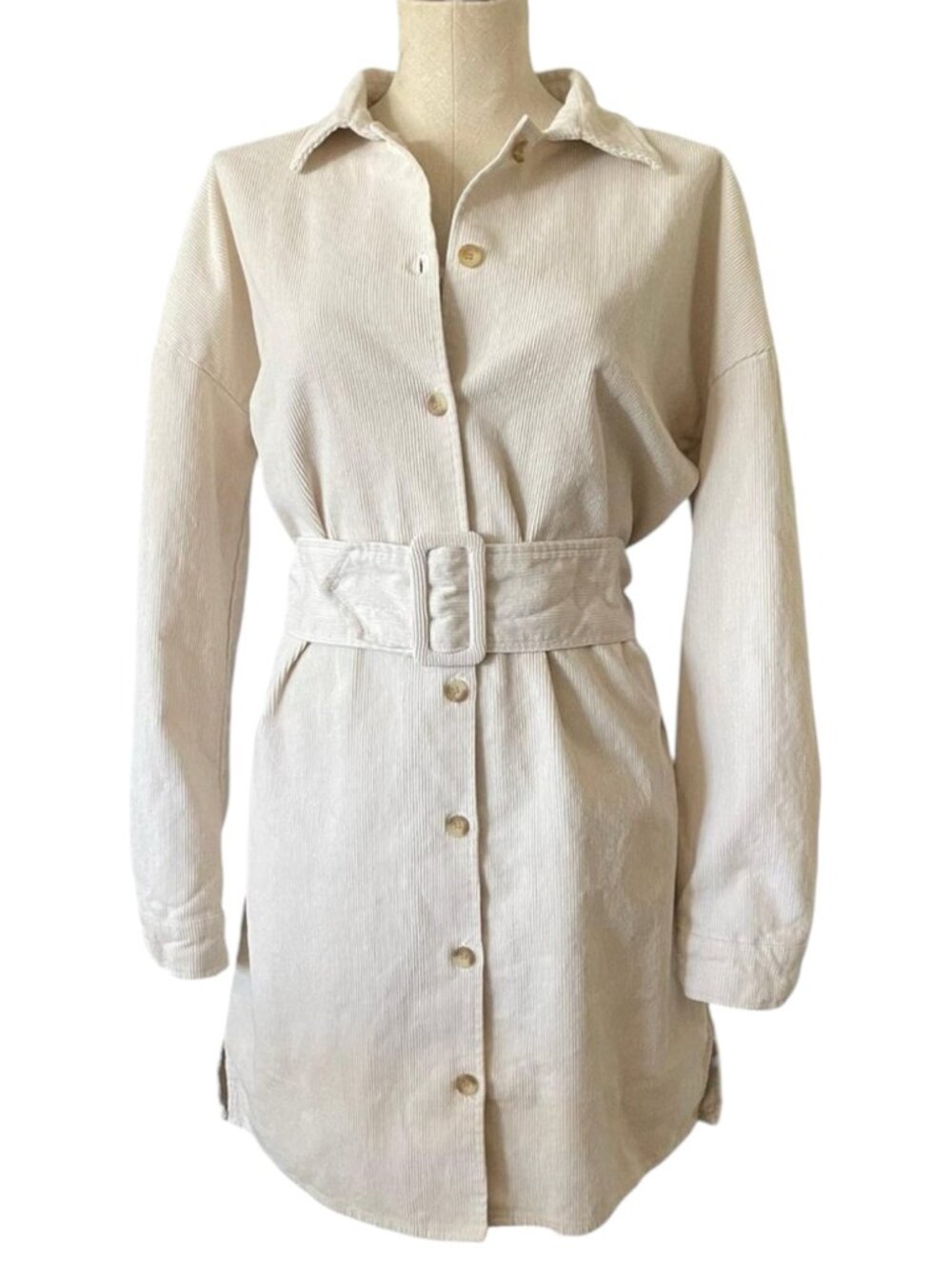 12th Tribe Cream Corduroy Shirt Dress w/ Belt Cotton Shacket Dress - Size M